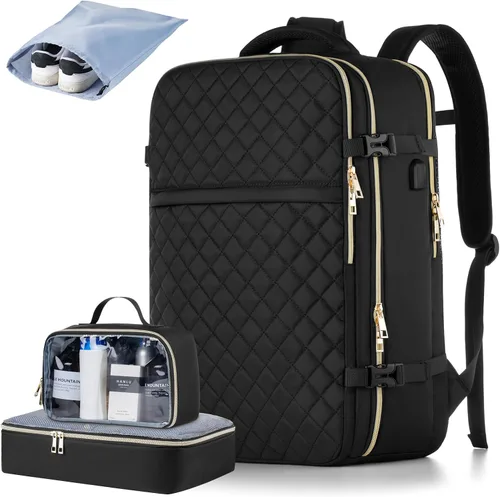 Vista 18 de MOMUVO Mochila de viaje para mujer, mochila de mano aprobada por aerolíneas, mochila para laptop de 15.6 pulgadas con puerto de carga USB, mochila