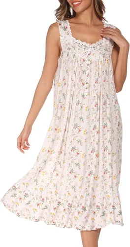 Vista 20 de AVIIER Camisones de algodón para mujer, sin mangas, vestido de casa largo con bolsillos, S-XXL Flor negra