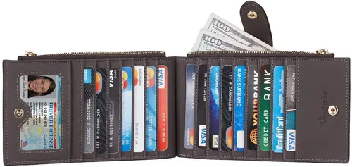 Vista 3 de Travelambo Billetera plegable con bloqueo RFID para mujer, con bolsillo con cremallera