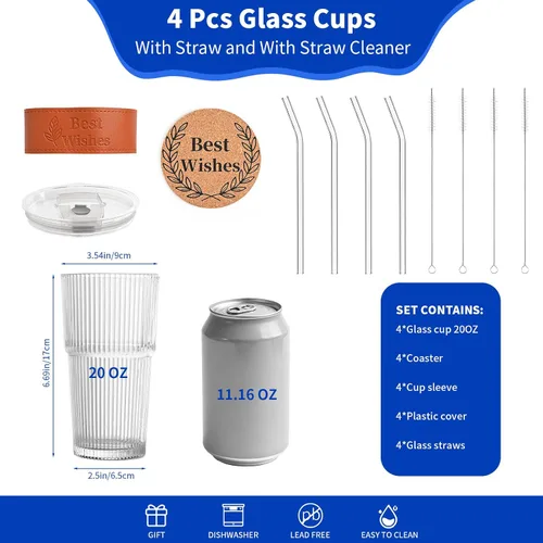 Vista 3 de 4-Pack 20oz Ribbed Glass Tumbler Set, Reusable Glass with Lids & Straw
