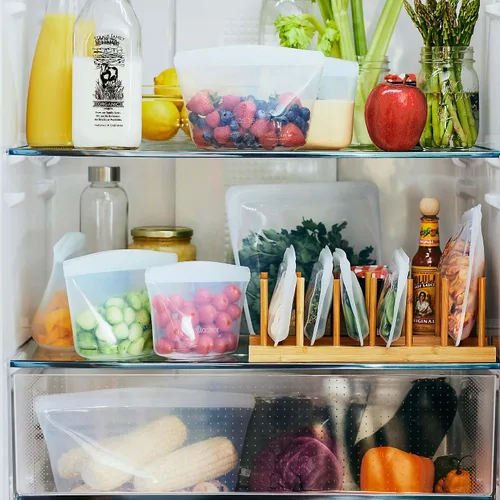 Vista 3 de Bolsas de almacenamiento de alimentos reutilizables de silicona premium Stasher, paquete de 3 unidades, multiusos, bolsas de almacenamiento