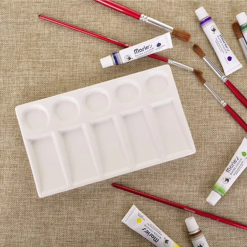 Vista 4 de VanEnjoy 10 Wells - Paleta de pintura rectangular blanca para artista, paleta de acuarela de porcelana, bandeja de mezcla de cerámica para pintura