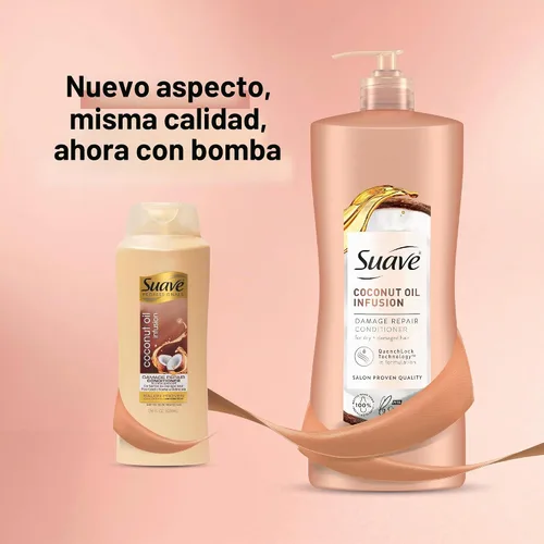 Vista 2 de Suave Acondicionador reparador de daños con aceite de coco, para cabello normal, seco y dañado, con infusión de aceite de coco puro, 28 onzas