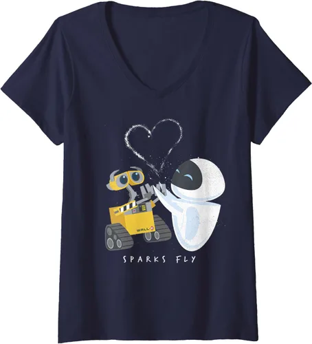 Vista 3 de Disney Pixar Wall-E & Eve Sparks Fly Retrato - Camiseta con cuello en V para mujer, Negro, S