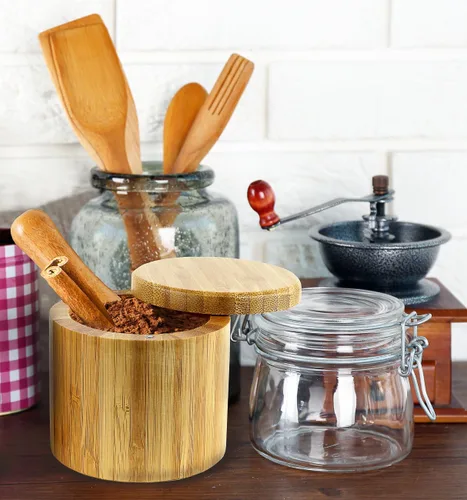 Vista 4 de Estilo Tazones de bambú prémium para sal y pimienta, recipientes de madera para especias con tapas giratorias magnéticas, perfectos para sal