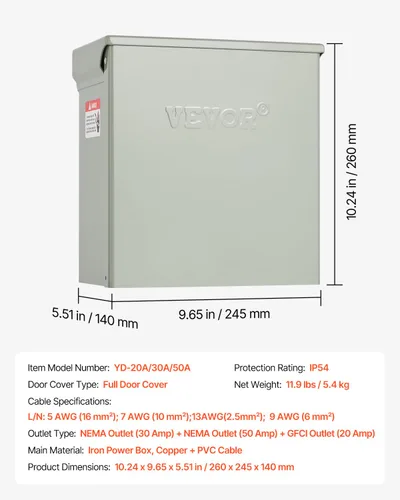 Vista 7 de VEVOR Panel de salida de energía temporal, caja de interruptor eléctrico para RV resistente a la intemperie con receptáculo de 20/30/50 amperios