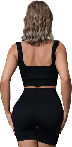 Vista 3 de ANOTHER CHOICE Traje de entrenamiento de 2 piezas para mujer, conjunto de yoga de punto acanalado de cintura alta, pantalones cortos sin costuras