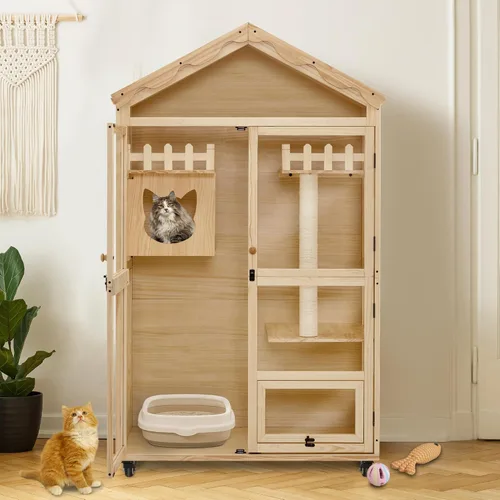 Vista 2 de MCombo Casa de madera para gatos de interior, condominio para gatos con entrada, jaula de gatito Catio con puertas y ruedas bloqueables, CT291