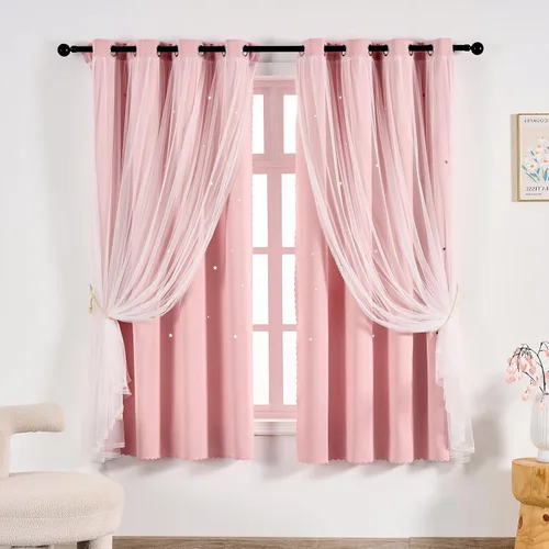 Vista 33 de Anytime - Cortinas para dormitorio de niñas con estrella hueca, cortinas opacas para habitación de niños, cortinas largas para oscurecer