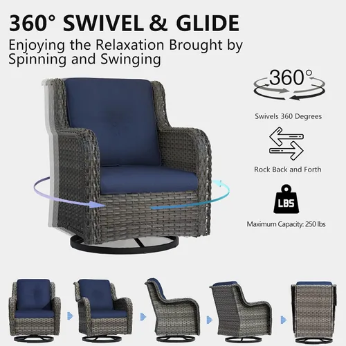 Vista 6 de Juego de 2 sillas de patio giratorias de 360 grados para exteriores y mesa auxiliar a juego – 3 sillas deslizantes de mimbre para patio con cojines