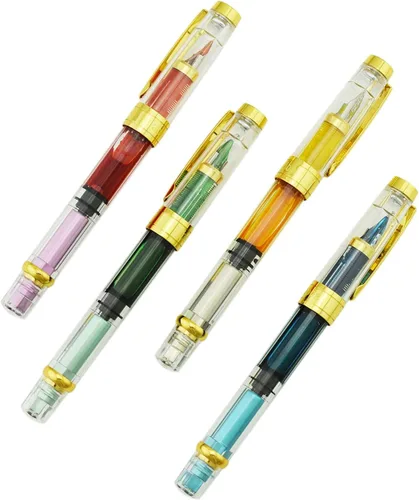 Vista 14 de Lanxivi 4 x Yongsheng 3008 Pluma estilográfica con plumín fino mejorado, ribete plateado, llenado por pistón, transparente