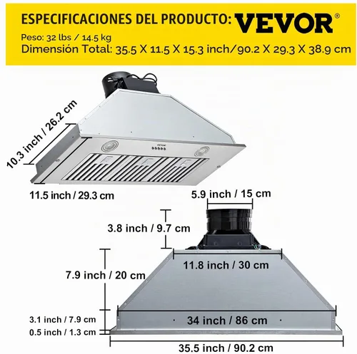 Vista 8 de VEVOR Campana de Ventilación Integrada, 800CFM 3-Velocidades, Campana de Cocina de Acero Inoxidable de 36 Pulgadas con Control de Botón de Impulso