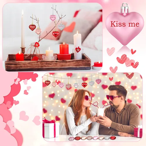 Vista 6 de Shynek 68 adornos de corazón para el día de San Valentín para árbol, bolas de corazón de San Valentín con palabras de amor dulces para decoraciones