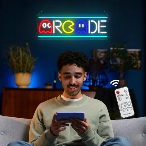 Vista 7 de Letrero de neón de arcade, retro fantasma, juego de arcade, letrero de luz de neón LED, regulable, lámpara nocturna 3D hecha a mano