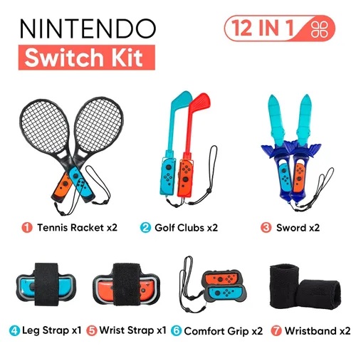 Vista 6 de Nintendo Switch Accessories Bundle, Switch Controllers Joy-Con Grips, 12 IN 1 Accessories Kit for Switch Sports Games, Tennis Rackets, Comfort Grips