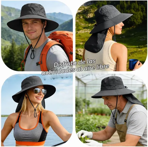 Vista 5 de Sombreros de sol para hombres y mujeres, protección UPF 50+, sombrero de Negro