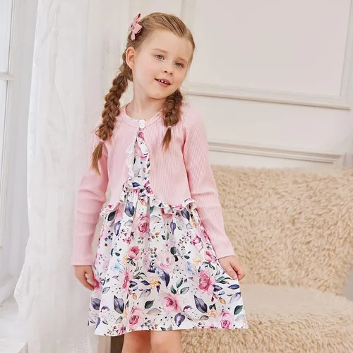 Vista 2 de PATPAT Conjunto de 2 piezas para niñas pequeñas, de manga larga, con estampado de flora y cárdigan