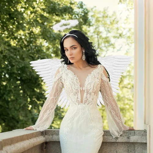 Vista 2 de Alas de ángel y halo para adultos, disfraz de ángel de plumas para mujeres, niños y niñas, accesorios de disfraces de cosplay de Halloween