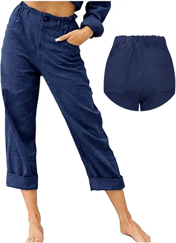 Vista 5 de Pantalones capri para mujer, pantalones casuales recortados, cintura elástica, pantalones de verano de longitud 34 con bolsillos, tallas S-3XL