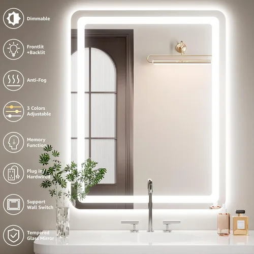 Vista 2 de Espejo de baño LED de 20 pulgadas de largo x 28 pulgadas de ancho con luces, antiniebla e iluminación tricolor, espejo de afeitado montado