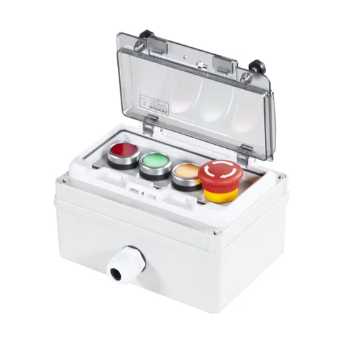 Vista 17 de Caja de botones con interruptor de parada de emergencia, botones de arranque/parada y rotativos (rojo/verde) Emergency Stop Button Red Green