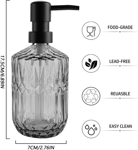 Vista 2 de Dispensador de jabón de vidrio negro de 14 onzas, diseño de diamante gris, botella líquida recargable para encimera, dispensador de loción