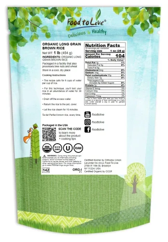 Vista 2 de Arroz integral orgánico de grano largo, 1 libra, sin OMG, grano entero, crudo, no irradiado, kosher, vegano, a granel. Buena fuente de fibra