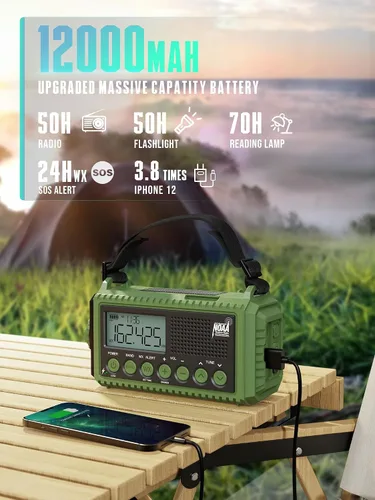 Vista 3 de Radio de emergencia de 12000 mAh - Alerta meteorológica AUTO NOAA, manivela solar AM/FM/SW/NOAA, linterna, cargador de teléfono, sirena SOS, kit