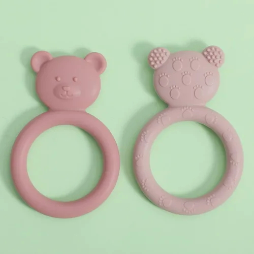 Vista 2 de Mordedor de silicona para bebés, anillo de juguete de dentición para bebés, diseño fácil de sostener, sin BPA (rosa poderosa + lila polvoriento)
