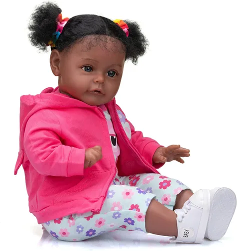 Vista 5 de iCradle Muñeca bebé Reborn de 24 pulgadas (23.6 in), realista recién nacida en piel oscura, muñeca africana americana con pelo rizado, colección