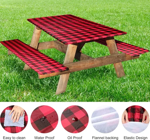 Vista 4 de BBTO Mantel de vinilo para mesa de picnic con fundas de banco, 72 x 30 pulgadas, impermeable, elástico ajustable para mesas rectangulares de 6 pies