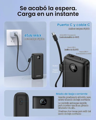 Vista 10 de AsperX cargador portátil 45W, batería de carga rápida del banco del poder Negro