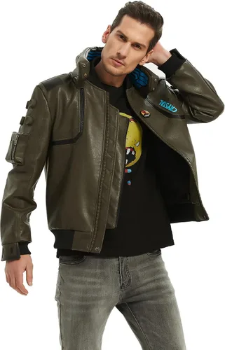 Vista 5 de HOTIME Chaqueta Samurai verde polvoriento, disfraz de cosplay, juego de rol, de piel sintética, chaqueta bomber de motocicleta de invierno, XS-XXL