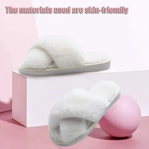 Vista 4 de LightFun Pantuflas peludas y peludas para niña, chancletas de piel con punta abierta, sandalias de banda cruzada para niñas, hogar, interior y Beige