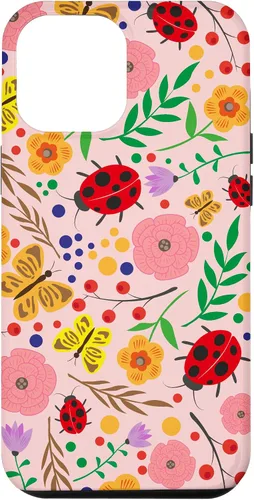 Vista 25 de iPhone 16 Cute Ladybugs Flowers Pink Pattern Bouquet Lover Cell Phone Case
