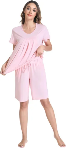 Vista 4 de NACHILA Pijama para mujer de viscosa hecha de bambú, conjunto de pijama de manga corta con cuello redondo, pijama plisado, parte superior suave