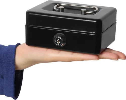 Vista 2 de Caja de dinero pequeña con bandeja de dinero y cerradura, caja de dinero de metal para efectivo, caja de seguridad XXS, color negro