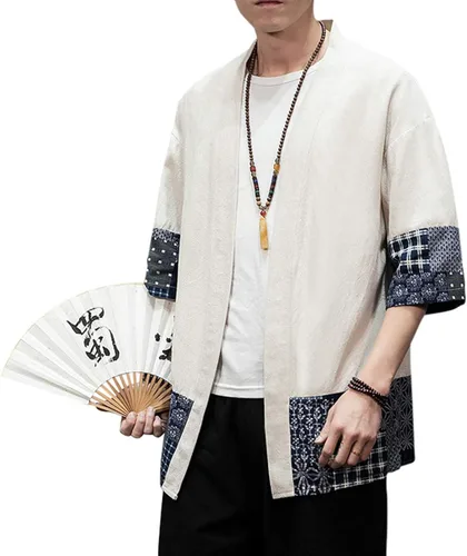 Vista 4 de PRIJOUHE Men's Kimono Jackets Cardigan Lightweight Casual Cotton Blends Linen Seven Sleeves Open Front Coat Outwear