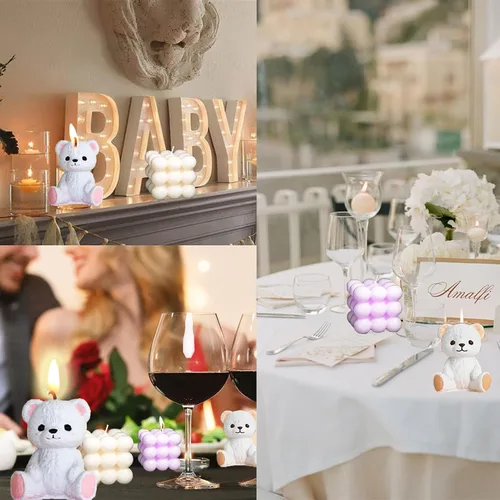 Vista 4 de Molde de silicona de oso de peluche 3D de burbujas y bolas superpuestas 3D con soportes para agujas de vela para decoración de mesa de jabón de vela