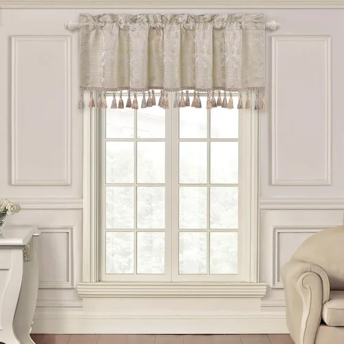 Vista 26 de Loom and Mill Cenefas de jacquard de lujo para ventana de sala de estar, elegante cenefa de cortina de damasco beige con ribete de cuentas, cortina