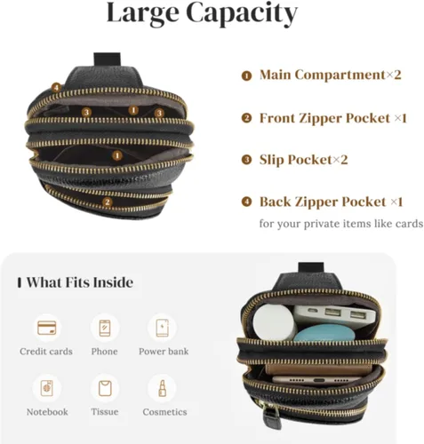 Vista 6 de S-ZONE Bolso bandolera para mujer, cangureras de cuero genuino con bloqueo RFID, bolsas cruzadas en el pecho, regalos para mujeres y hombres, Negro