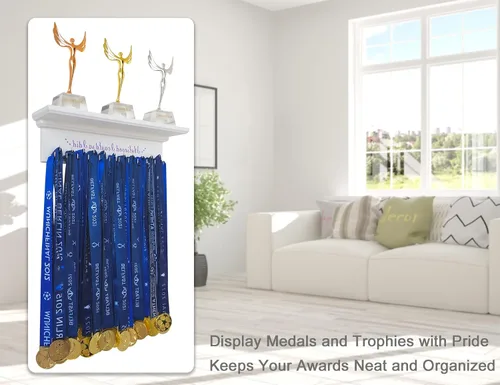 Vista 5 de Premium Trophy Shelf and Medal Hanger Featuring Solid Wooden and Sturdy Ribbon Hooks. Wall Mount Medal Holder Display Gymnastics, Soccer, Running