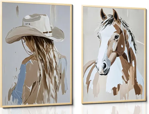 Vista 18 de 2 piezas de arte de pared enmarcado de vaquera occidental con sombrero chica vaquera y caballo, impresión en lienzo, póster, pintura al óleo