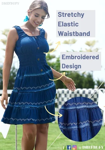 Vista 3 de DREFBUFY - Vestido largo para verano, sin mangas, acampanado, de mezclilla y algodón, azul, estilo casual y bohemio, para mujer