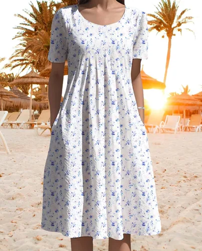 Vista 4 de Vestidos bohemios para mujer, estampado floral, manga corta, cuello redondo, talla grande, vestido de vacaciones con bolsillos para verano 2025