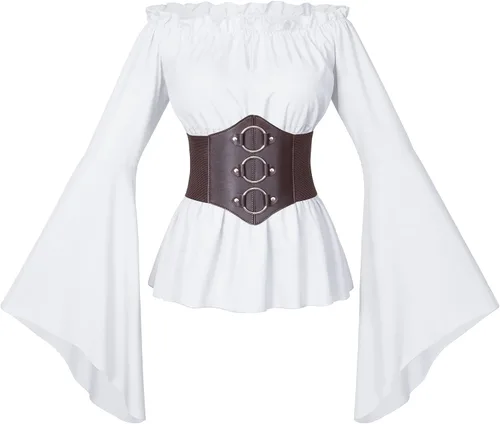 Vista 3 de Conjunto de blusa estilo renacentista victoriana campesina con volantes y cintura fruncida estilo bohemio pirata con cinturón