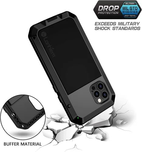 Vista 2 de Lanhiem Funda de metal para iPhone 12 Pro Max, resistente a los golpes, con protector de pantalla de vidrio integrado, cubierta protectora de cuerpo