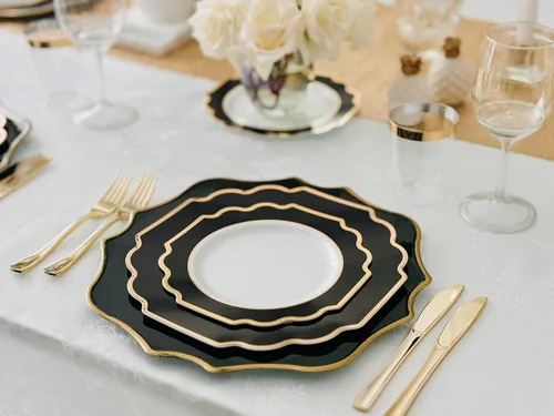 Vista 5 de Ocassions - Vajilla de 50-150-200 piezas para 25 invitados, color dorado E. Imperial Negro y Oro