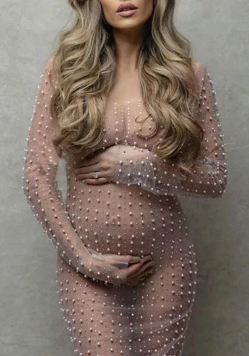 Vista 4 de Leezeshaw Traje de baño de malla transparente con cuentas para mujer, vestido largo tipo túnica de playa para niña