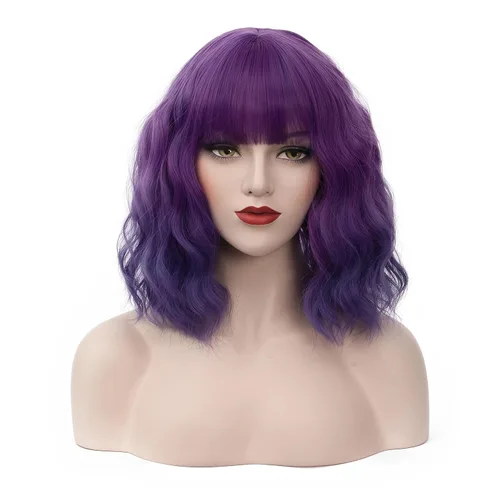 Vista 21 de BUFASHION Peluca rizada corta ondulada de 14 pulgadas para mujer, peluca sintética para cosplay, Halloween, peluca con flequillo lateral (negro)
